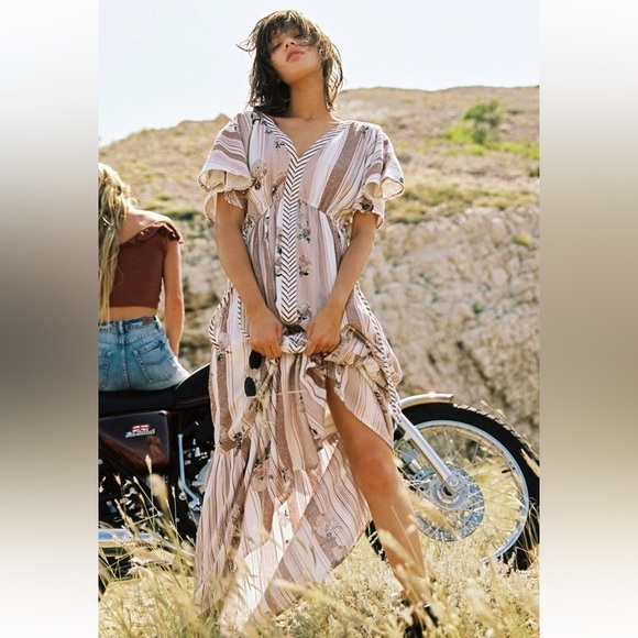 O’NEILL mauve & ivory floral striped Angie V-Neck Maxi Dress x-small - Picture 1 of 13